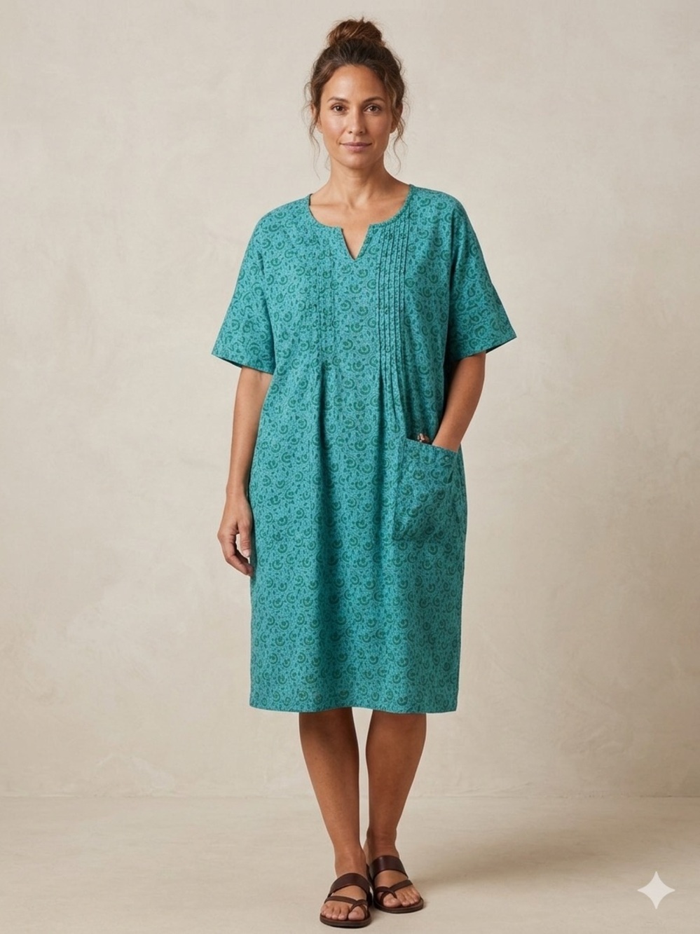 Marketplace Handwork of India Cotton Linen Blend Lagenlook Boho Artsy Dress,1W